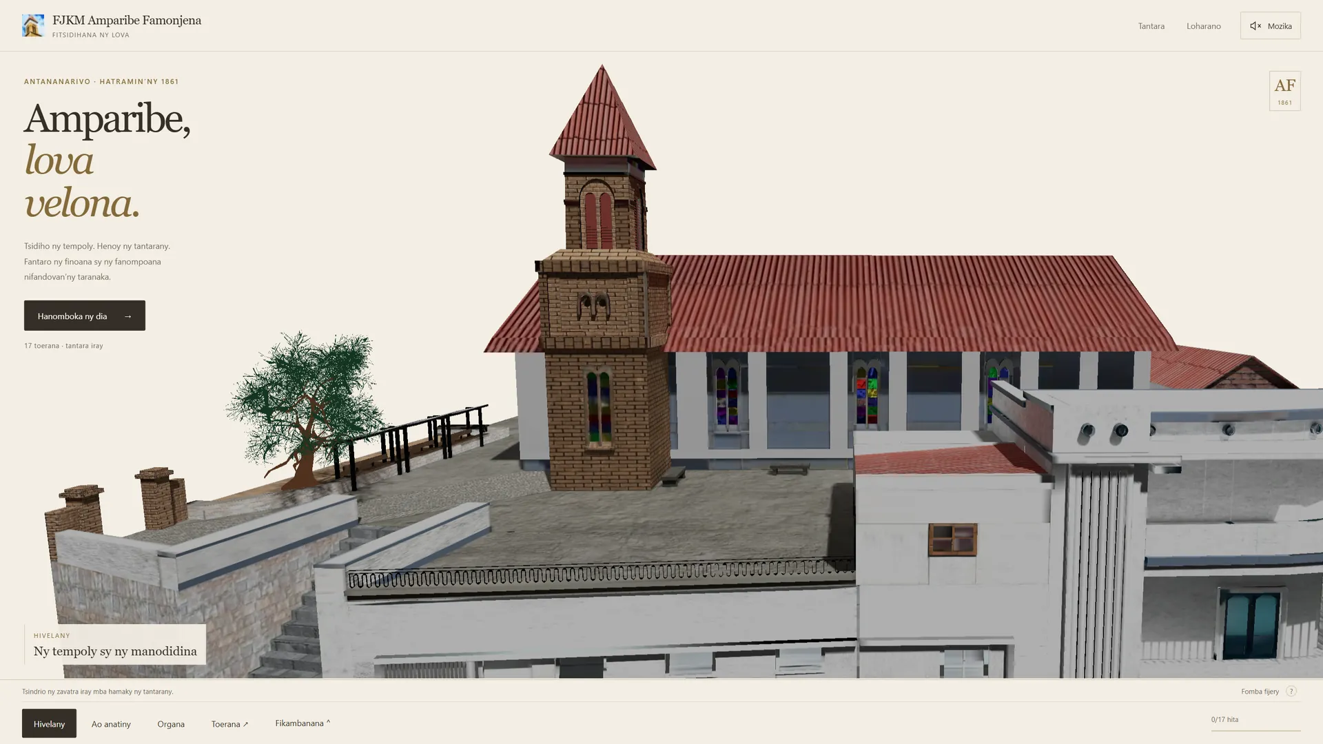 The Amparibe Famonjena tour: a 3D model of the church, its tower and courtyard beside a Malagasy introduction