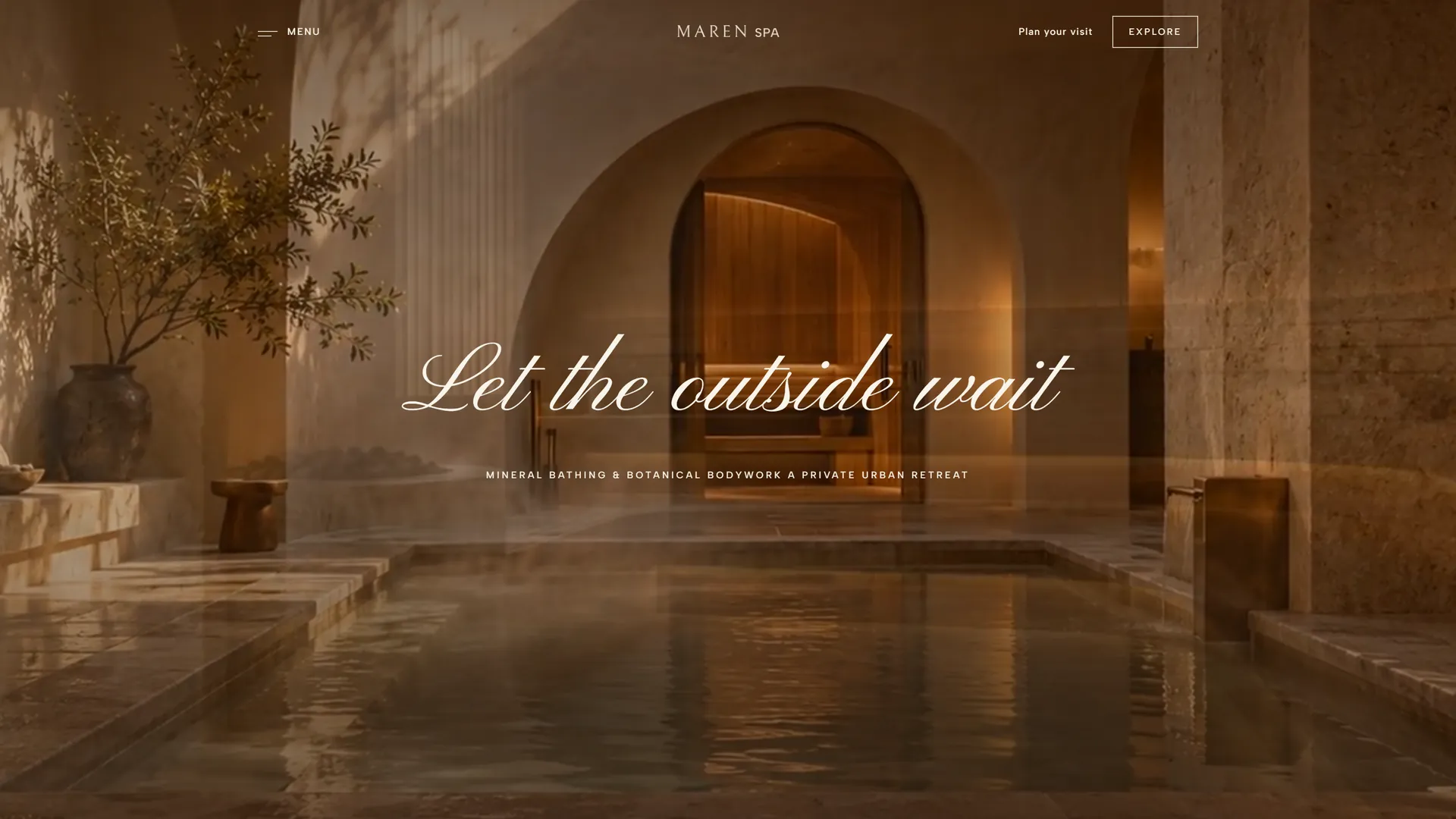 The Maren Spa home page: a stone bathing hall with an arched doorway, and the line Let the outside wait
