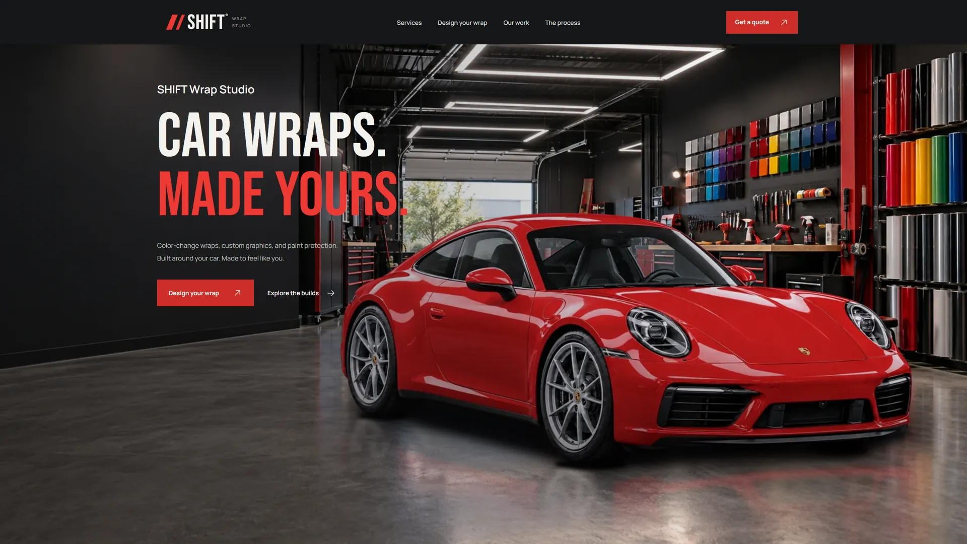 The SHIFT Wrap Studio home page: a red sports coupe in a wrap garage under the headline Car wraps. Made yours.