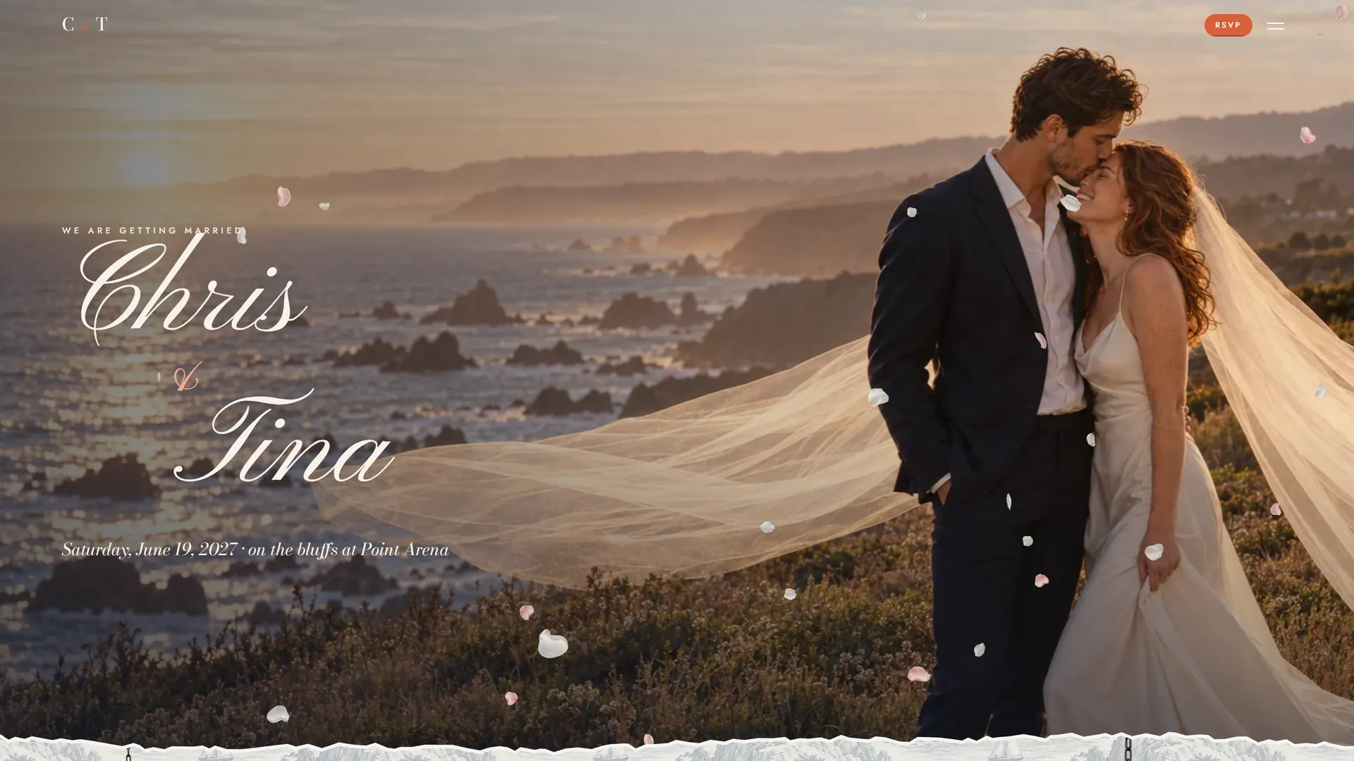 The Chris & Tina invitation: the couple on a clifftop at sunset, her veil in the wind, their names in script