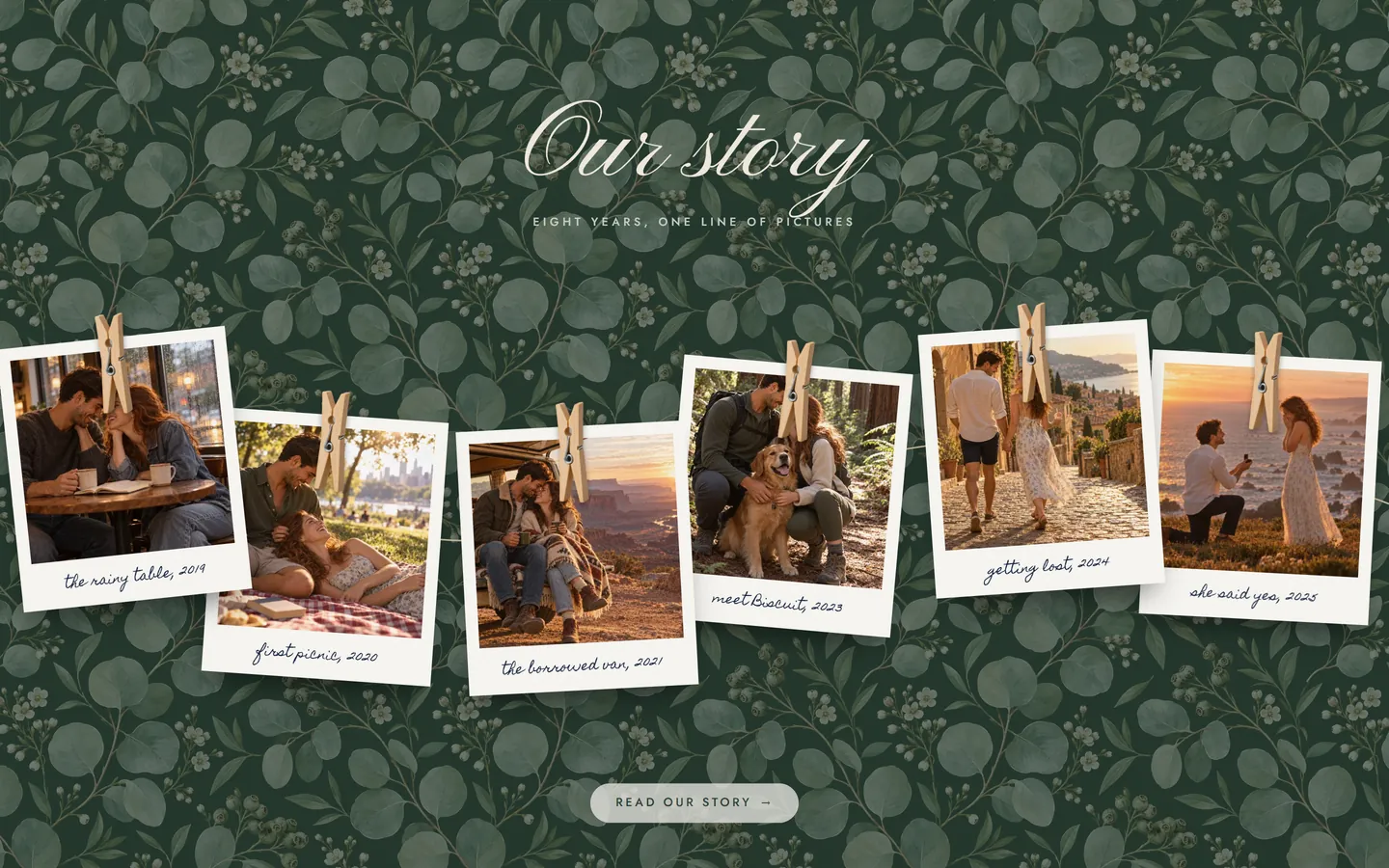 Polaroids of the couple pegged onto a twine line on eucalyptus wallpaper