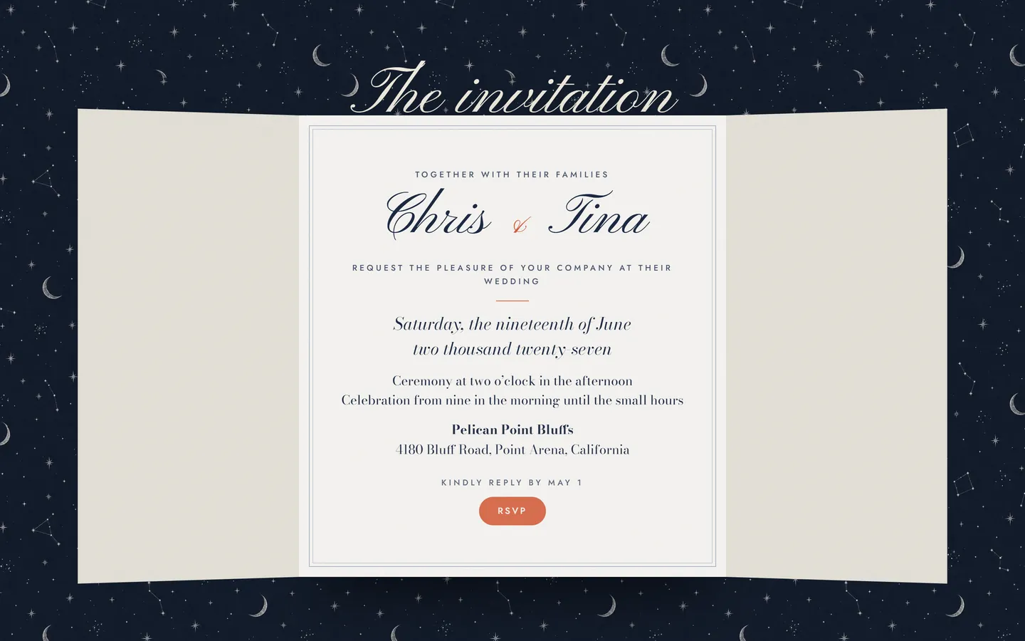 The gatefold invitation opened on a starry navy ground